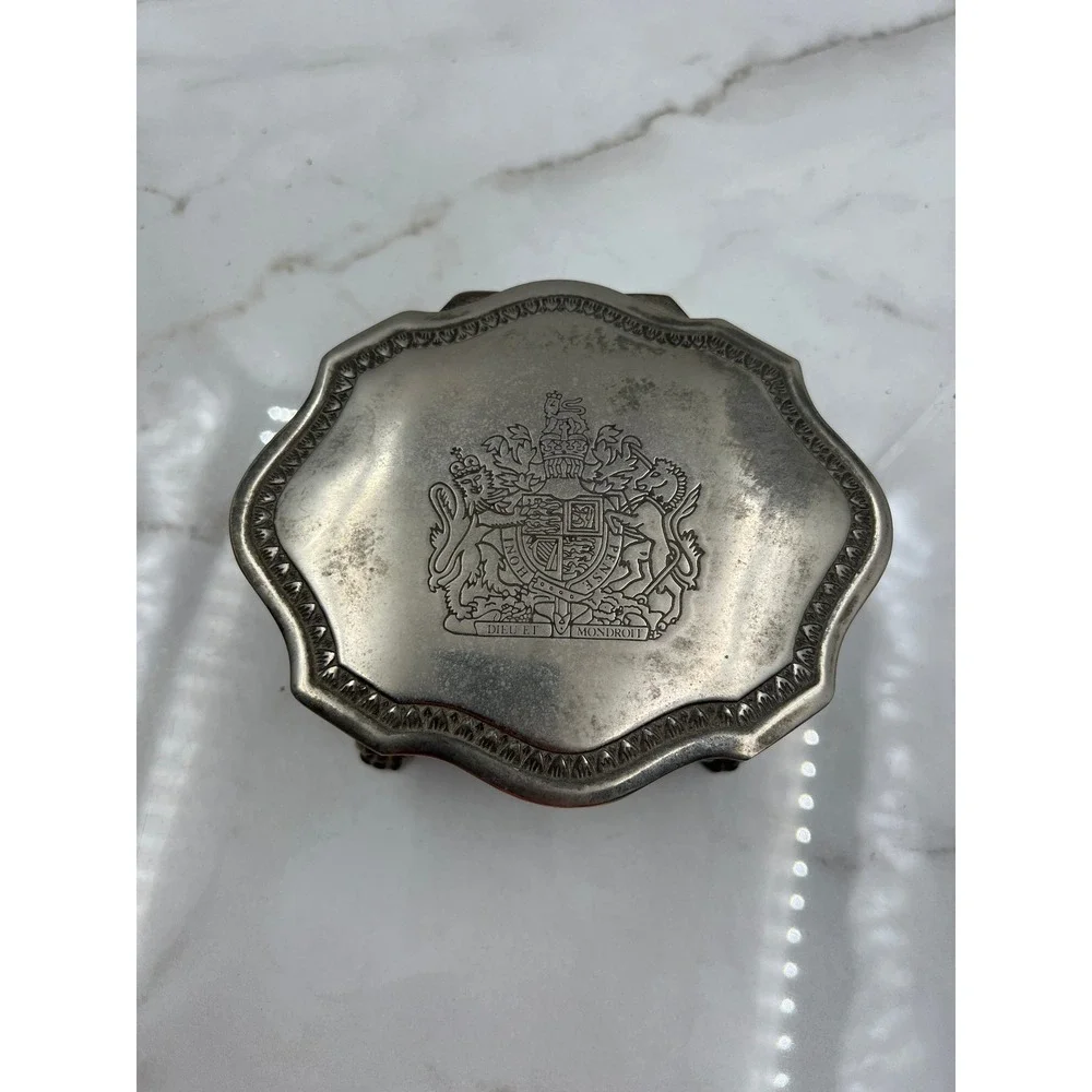 Vintage British Royal Coat of Arms Silver Footed Jewelry Box Red Velvet Lining